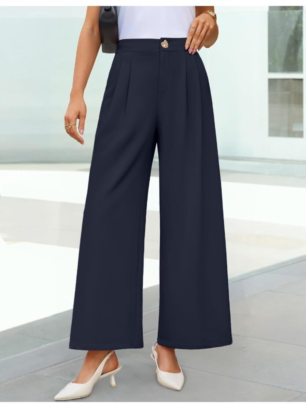 Women's Navy Wide Leg High Waisted Casual Loose Flowy Fashionable Palazzo Pants - Picture 6 of 6